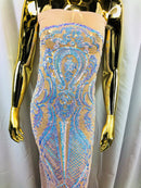 Iridescent Sequins, Iridescent Aqua 4 Way Stretch Damask Design Fabric On Stretch Mesh By The Yard