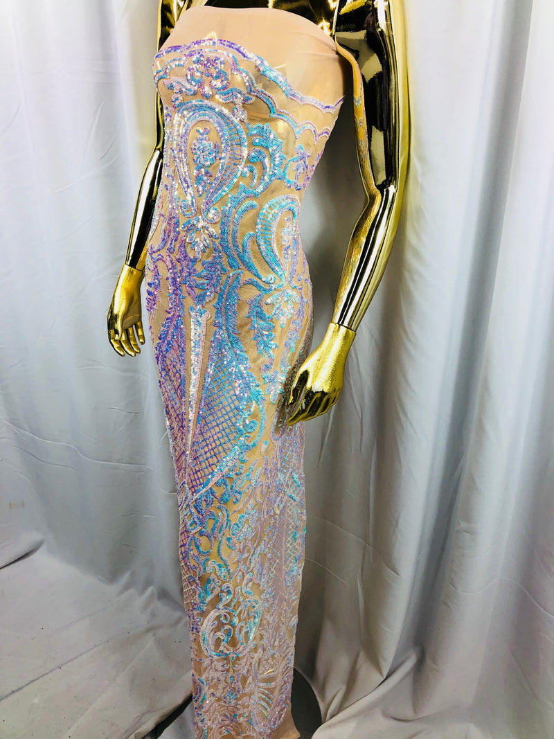 Iridescent Sequins, Iridescent Aqua 4 Way Stretch Damask Design Fabric