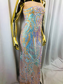 Iridescent Sequins, Iridescent Aqua 4 Way Stretch Damask Design Fabric On Stretch Mesh By The Yard