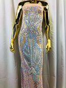 Iridescent Sequins, Iridescent Aqua 4 Way Stretch Damask Design Fabric On Stretch Mesh By The Yard