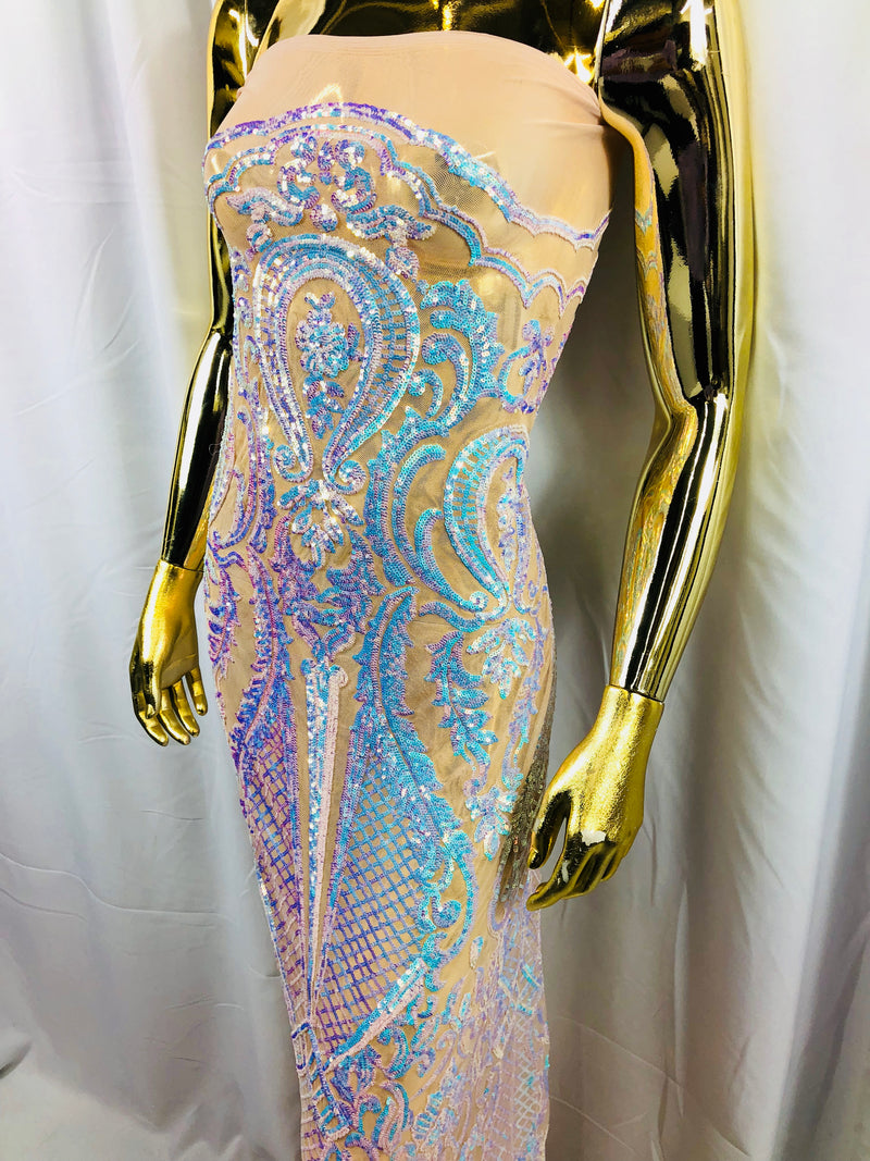 Iridescent Sequins, Iridescent Aqua 4 Way Stretch Damask Design Fabric