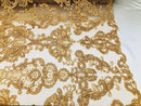 Floral - Gold - Embroided Lace Fabric Damask Pattern - Beautiful Fabrics Sold by The Yard