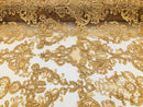 Floral - Gold - Embroided Lace Fabric Damask Pattern - Beautiful Fabrics Sold by The Yard