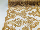 Floral - Gold - Embroided Lace Fabric Damask Pattern - Beautiful Fabrics Sold by The Yard