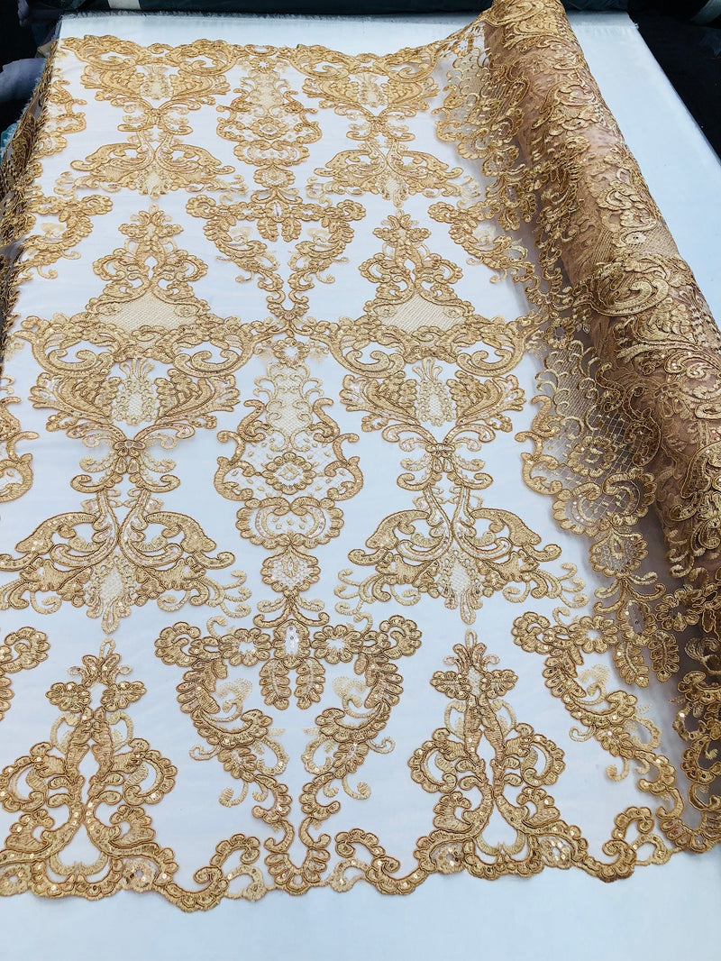 Floral - Gold - Embroided Lace Fabric Damask Pattern - Beautiful Fabrics Sold by The Yard