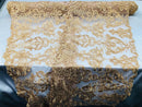 Floral - Gold - Embroided Lace Fabric Damask Pattern - Beautiful Fabrics Sold by The Yard