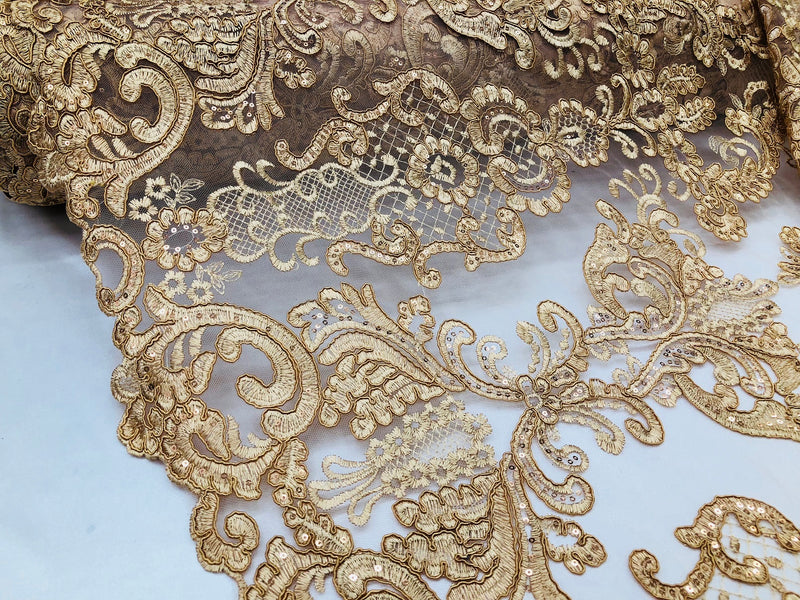Floral - Gold - Embroided Lace Fabric Damask Pattern - Beautiful Fabrics Sold by The Yard