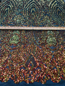 Symbol Pattern - Orange Black Mesh - 4 Way Stretch High Fashion Shiny Pattern Sequins