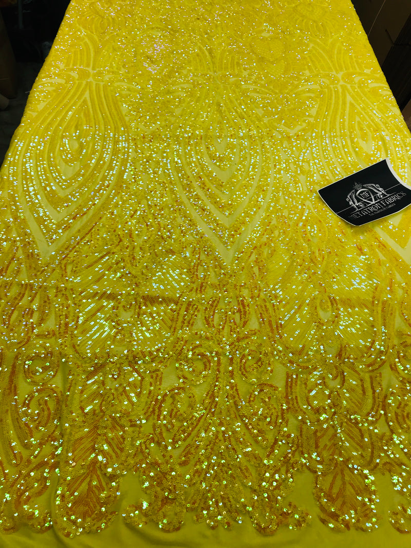 Symbol Pattern - Iridescent Yellow - 4 Way Stretch High Fashion Shiny Pattern Sequins