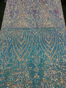 Symbol Pattern - Iridescent Light Blue - 4 Way Stretch High Fashion Shiny Pattern Sequins