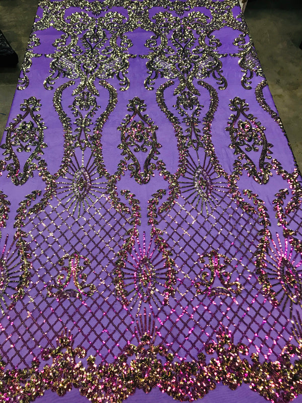 Sequins Damask Pattern Iridescent Purple 4 Way Stretch Elegant Designer Fabrics in Shiny Patterns