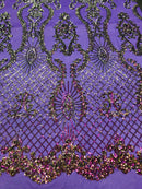Sequins Damask Pattern Iridescent Purple 4 Way Stretch Elegant Designer Fabrics in Shiny Patterns