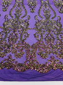 Sequins Damask Pattern Iridescent Purple 4 Way Stretch Elegant Designer Fabrics in Shiny Patterns