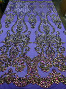 Sequins Damask Pattern Iridescent Purple 4 Way Stretch Elegant Designer Fabrics in Shiny Patterns