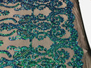 Sequins Damask Pattern - Jade Green / Blue 4 Way Stretch Elegant Designer Fabrics in Shiny Patterns