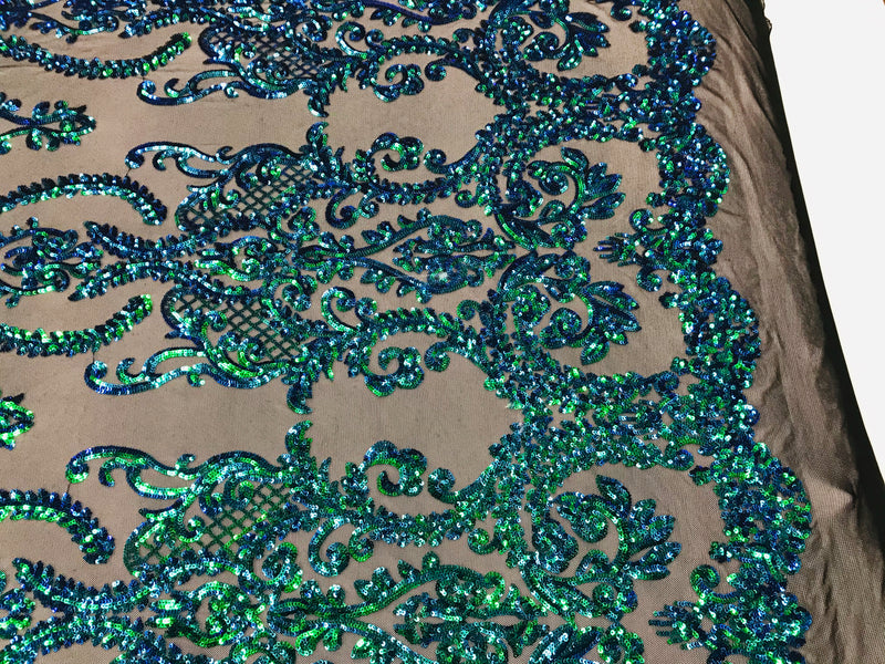 Sequins Damask Pattern - Jade Green / Blue 4 Way Stretch Elegant Desig