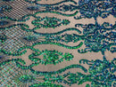 Sequins Damask Pattern - Jade Green / Blue 4 Way Stretch Elegant Designer Fabrics in Shiny Patterns