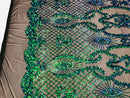 Sequins Damask Pattern - Jade Green / Blue 4 Way Stretch Elegant Designer Fabrics in Shiny Patterns