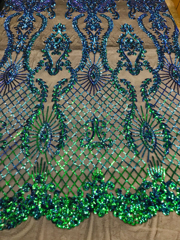 Sequins Damask Pattern - Jade Green / Blue 4 Way Stretch Elegant Designer Fabrics in Shiny Patterns