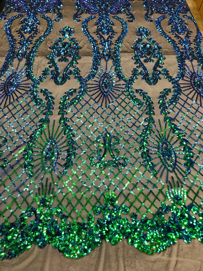 Sequins Damask Pattern - Jade Green / Blue 4 Way Stretch Elegant Designer Fabrics in Shiny Patterns