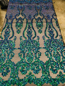 Sequins Damask Pattern - Jade Green / Blue 4 Way Stretch Elegant Designer Fabrics in Shiny Patterns