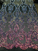 Sequins Damask Pattern - Iridescent Rainbow - 4 Way Stretch Designer Fabrics in Shiny Patterns