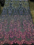 Sequins Damask Pattern - Iridescent Rainbow - 4 Way Stretch Designer Fabrics in Shiny Patterns