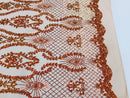 Sequins Damask Pattern - Orange - 4 Way Stretch Elegant Designer Fabrics in Shiny Damask Patterns