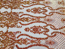 Sequins Damask Pattern - Orange - 4 Way Stretch Elegant Designer Fabrics in Shiny Damask Patterns