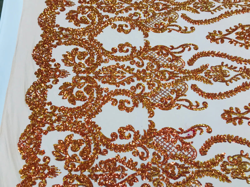 Sequins Damask Pattern - Orange - 4 Way Stretch Elegant Designer Fabrics in Shiny Damask Patterns