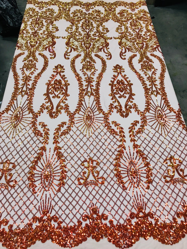 Sequins Damask Pattern - Orange - 4 Way Stretch Elegant Designer Fabrics in Shiny Damask Patterns