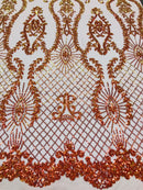 Sequins Damask Pattern - Orange - 4 Way Stretch Elegant Designer Fabrics in Shiny Damask Patterns