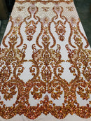 Sequins Damask Pattern - Orange - 4 Way Stretch Elegant Designer Fabrics in Shiny Damask Patterns