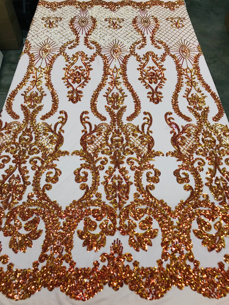 Sequins Damask Pattern - Orange - 4 Way Stretch Elegant Designer Fabrics in Shiny Damask Patterns