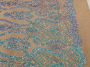 Sequins Damask Pattern - Iridescent Light Blue - 4 Way Stretch Designer Fabrics in Shiny Patterns