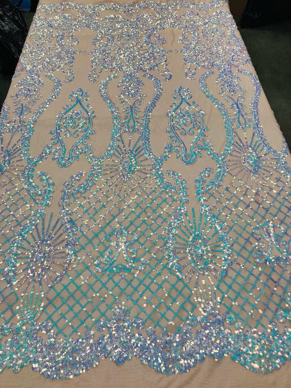 Sequins Damask Pattern - Iridescent Light Blue - 4 Way Stretch Designer Fabrics in Shiny Patterns