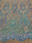 Sequins Damask Pattern - Iridescent Light Blue - 4 Way Stretch Designer Fabrics in Shiny Patterns