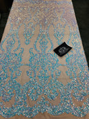 Sequins Damask Pattern - Iridescent Light Blue - 4 Way Stretch Designer Fabrics in Shiny Patterns