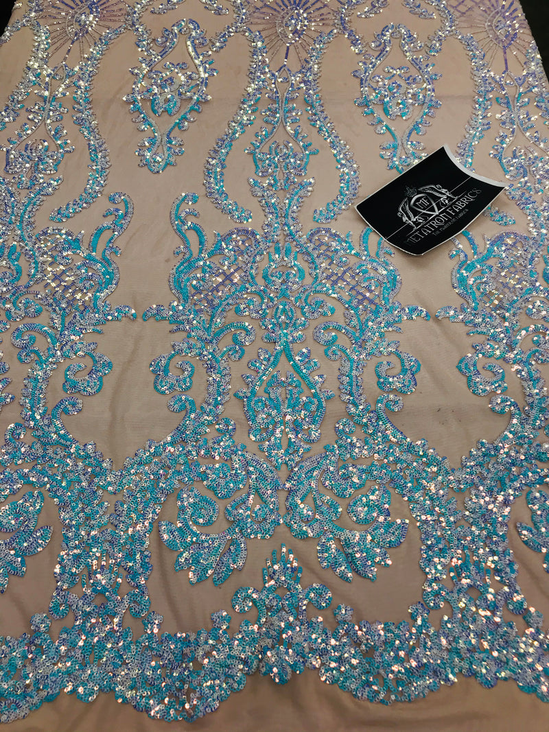 Sequins Damask Pattern - Iridescent Light Blue - 4 Way Stretch Designer Fabrics in Shiny Patterns
