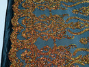 Sequins Damask Pattern - Orange Black Mesh 4 Way Stretch Elegant Designer Fabrics in Shiny Patterns