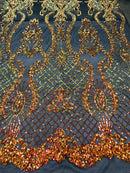 Sequins Damask Pattern - Orange Black Mesh 4 Way Stretch Elegant Designer Fabrics in Shiny Patterns