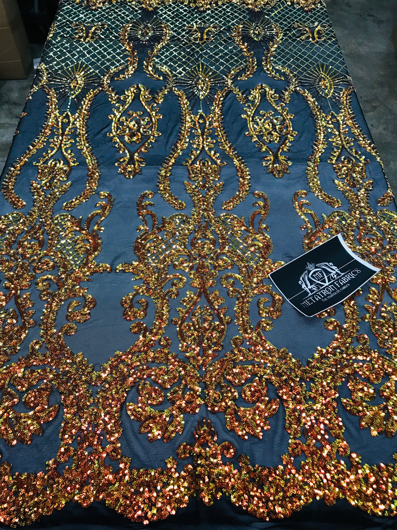 Sequins Damask Pattern - Orange Black Mesh 4 Way Stretch Elegant Designer Fabrics in Shiny Patterns