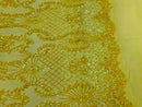 Sequins Damask Pattern - Yellow - 4 Way Stretch Elegant Designer Fabrics in Shiny Damask Patterns