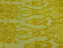 Sequins Damask Pattern - Yellow - 4 Way Stretch Elegant Designer Fabrics in Shiny Damask Patterns
