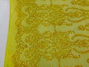 Sequins Damask Pattern - Yellow - 4 Way Stretch Elegant Designer Fabrics in Shiny Damask Patterns