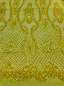 Sequins Damask Pattern - Yellow - 4 Way Stretch Elegant Designer Fabrics in Shiny Damask Patterns