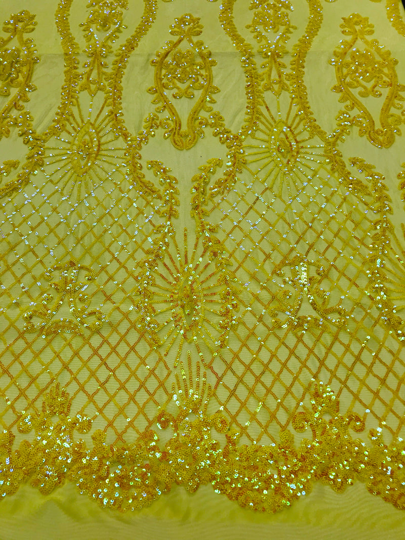 Sequins Damask Pattern - Yellow - 4 Way Stretch Elegant Designer Fabrics in Shiny Damask Patterns