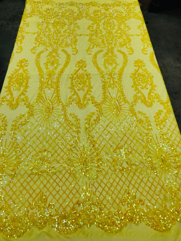 Sequins Damask Pattern - Yellow - 4 Way Stretch Elegant Designer Fabrics in Shiny Damask Patterns