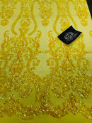 Sequins Damask Pattern - Yellow - 4 Way Stretch Elegant Designer Fabrics in Shiny Damask Patterns