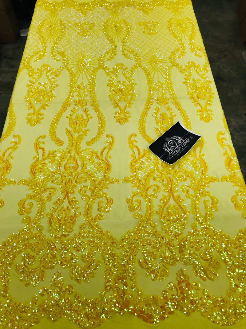 Sequins Damask Pattern - Yellow - 4 Way Stretch Elegant Designer Fabrics in Shiny Damask Patterns